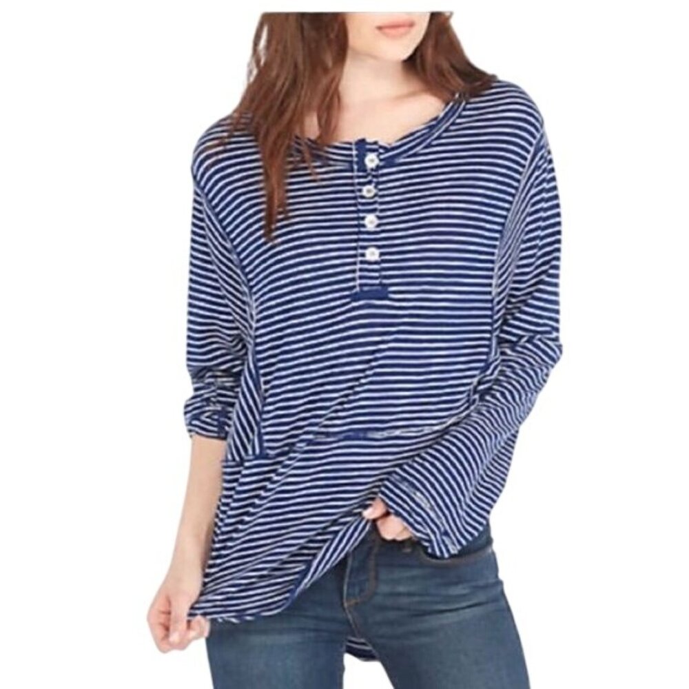 Free People Hong Kong Navy Stripe Linen Oversized Long Sleeve Henley